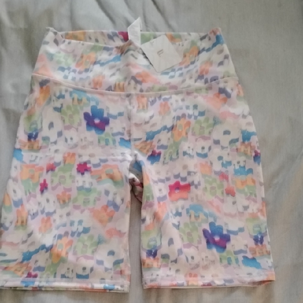 Fabletics White Athletic Bike Shorts with Pastel Multicolor Floral Print